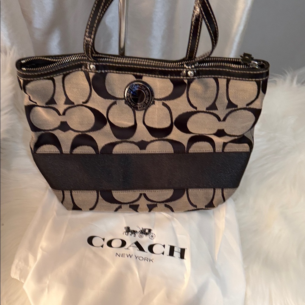 Coach Black and Cream Signature Tote